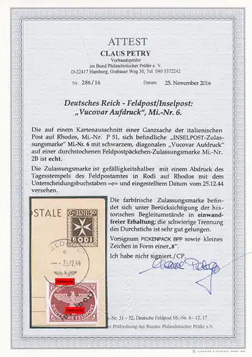 Feldpost/Inselpost: MiNr. 6, gestempelt auf Briefausschnitt, BPP Attest