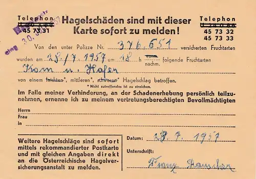 Autriche: 1957: déclaration de dommages à la grêle par lettre recommandée par Neustift