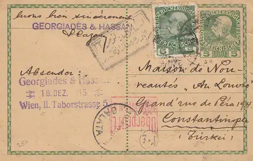 Österreich: 1915: Ganzsache Wien nach Constantinople, überprüft