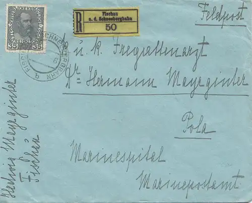Autriche: 1916: Enregistré Fischau vers Pola, Vignette Warwasser