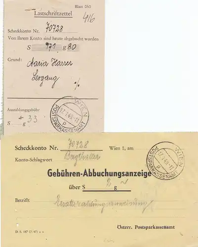 Österreich: 1949: Wien Postsparkassenamt - Lastschriftzettel, Abbuchungsanzeige
