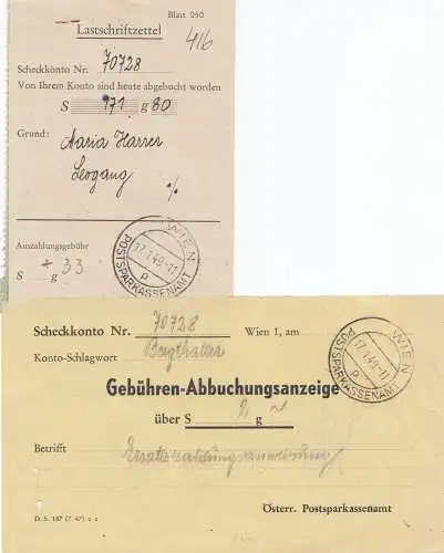 Österreich: 1949: Wien Postsparkassenamt - Lastschriftzettel, Abbuchungsanzeige