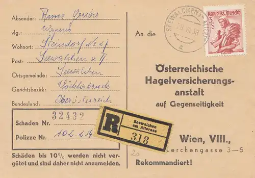 Autriche: 1958: lettre recommandée Seewalchen vers Vienne - Dommages à la grêle