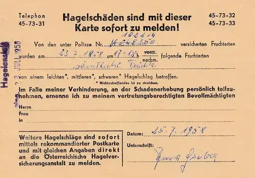 Österreich: 1958: Einschreiben Seewalchen nach Wien - Hagelschäden