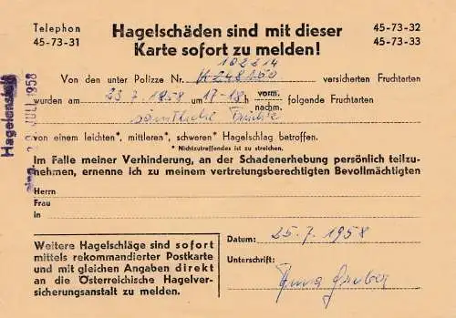 Österreich: 1958: Einschreiben Seewalchen nach Wien - Hagelschäden