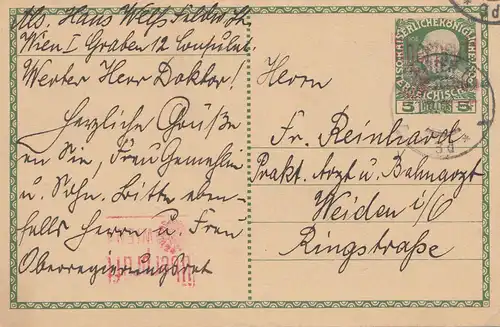 Autriche: 1917 de Vienne à Weiden - entier Vérifié