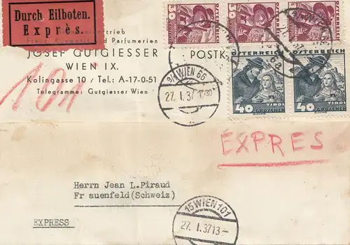 Autriche: 1937: Eilboten Wien vers Frauenfeld/Suisse