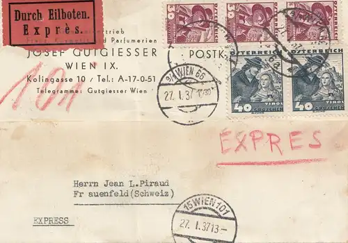 Österreich: 1937: Eilboten Wien nach Frauenfeld/Schweiz