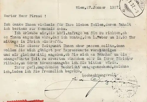 Autriche: 1937: Eilboten Wien vers Frauenfeld/Suisse