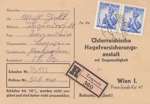 Autriche: 1956: vin de porte, carte recommandée pour dommages à la grêle