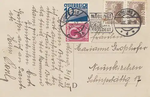 Autriche: 1932: AK Mödling après Neunkirchen, Mischfrankatur