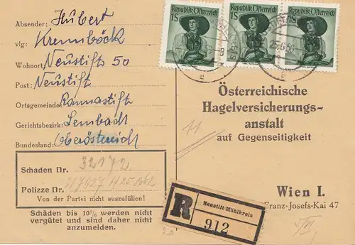 Österreich: 1956: Neustift, Einschreibenkarte wegen Hagelschäden