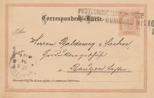 Autriche: 1894: Affaire entière Postconducteur Nixdorf Rumburg vers Bautzen