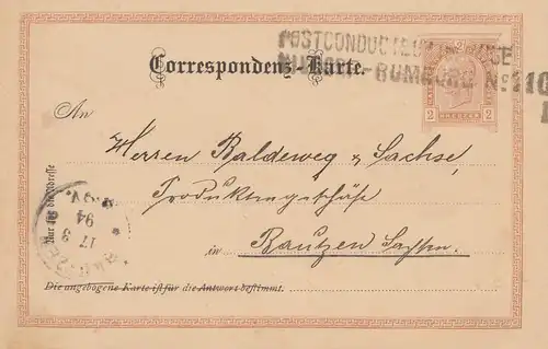 Österreich: 1894: Ganzsache Postconducteur Nixdorf Rumburg nach Bautzen