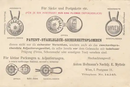 Österreich: 1904: Drucksachen Karte Wien nach Hamburg: Sicherheitsplomben
