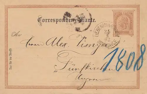 Österreich: 1893: Ganzsache Liebenau nach Ungarn