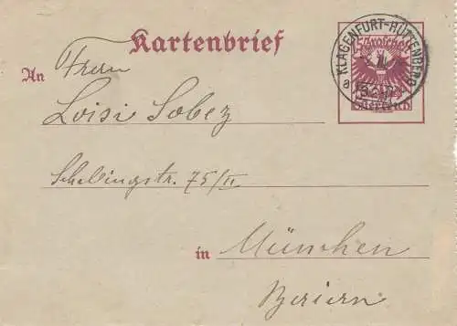 Österreich: 1928: Kartenbrief Bahnpost: Klagenfurt-Hüttenberg