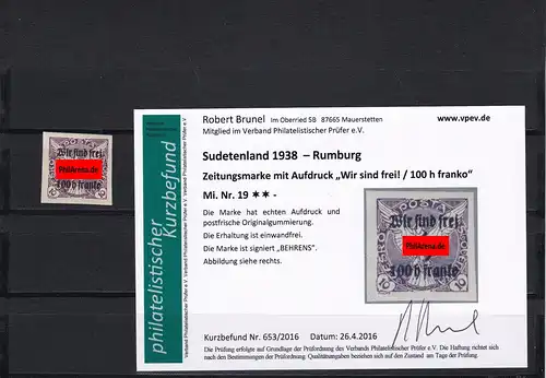 Sudetenland Rumburg, MiNr. 19, postfrisch