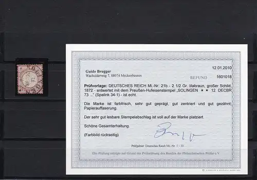 Deutsches Reich: MiNr. 21b, gestempelt Solingen, BPP Befund