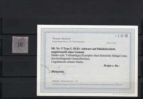 Württemberg: MiNr. 5 Type I, ungebraucht ohne Gummi, BPP Befund