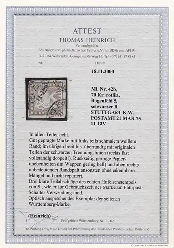 Wurtemberg Min. 42b, cacheté Stuttgart, BPP Attest