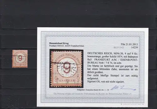 DR: MiNr. 30a, BPP Befund, gestempelt, Eisenbahn Post