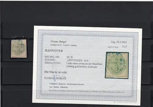 Hannover: MiNr. 20, gestempelt, BPP Befund