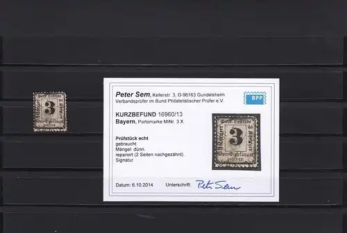 Bayern: MiNr. 3X, gestempelt, BPP Befund