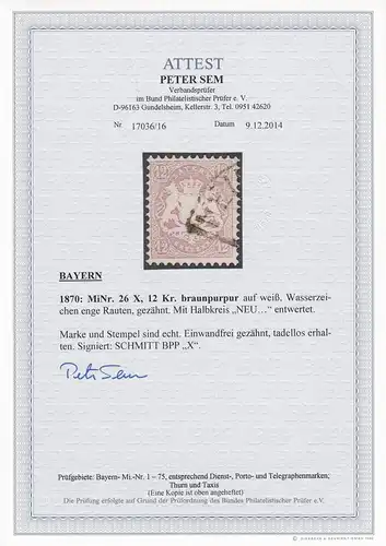 Bayern: MiNr. 26 X, BPP Attest, gestempelt