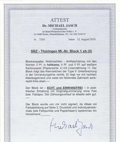SBZ: Thüringen MiNr. Block 1 Xb (II), postfrisch **, BPP Attest