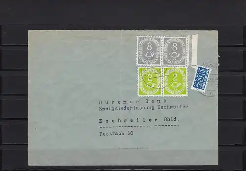 Bund: Posthorn MiNr. 127 Schneideanlage auf Brief