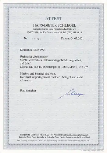 Deutsches Reich: MiNr. 356U, auf Brief, senkr. Unterrandstück, BPP Attest
