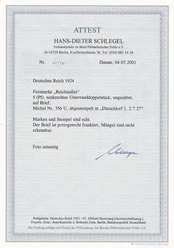 Reich allemand: Min. 356U, sur lettre, Senkr. Sous-randpart, BPP Attest