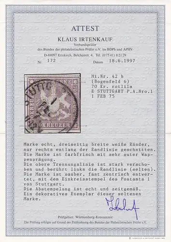 Wurtemberg Min. 42b, cacheté, BPP Attest: ligne de séparation déplacée vers le haut!!