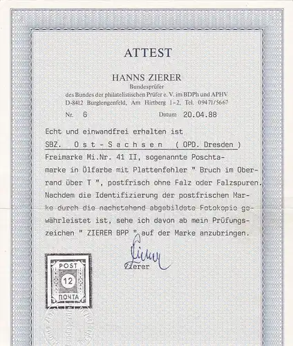 SBZ: Min. 41 II, Est-Saxe, post-free, BPP Attest