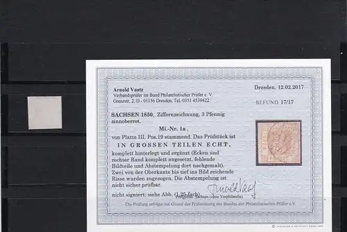 Sachsen: MiNr. 1a, gestempelt mit BPP Befund