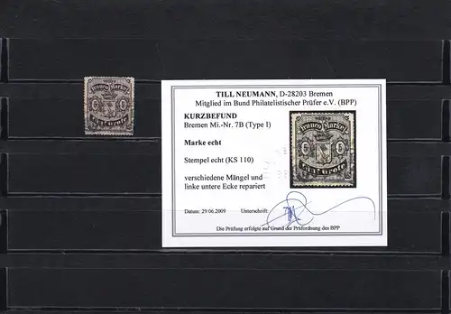 Bremen: Michel Nr. 7B (Type I), gestempelt mit BPP Befund