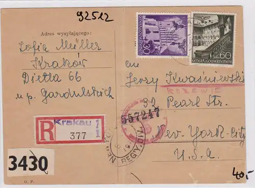 GG: Carte postale recommandée de Cracovie aux États-Unis