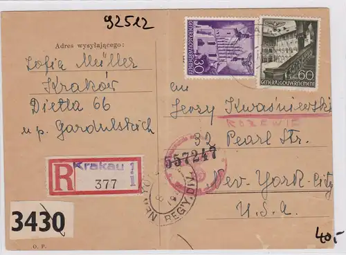 GG: Einschreiben Postkarte von Krakau nach USA
