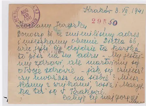 GG: Carte postale recommandée de Cracovie aux États-Unis