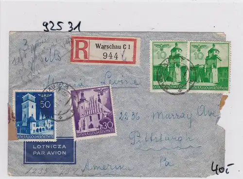 GG: Lettre postale aérienne Lettre recommandée de Varsovie aux États-Unis, censure