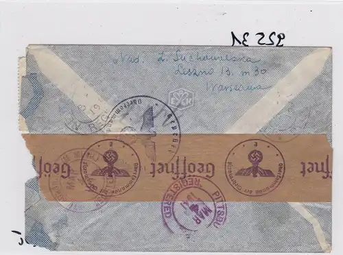 GG: Lettre postale aérienne Lettre recommandée de Varsovie aux États-Unis, censure