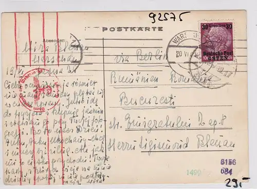 GG: Postkarte von Warschau nach Beograd / Rumänien - Zensur