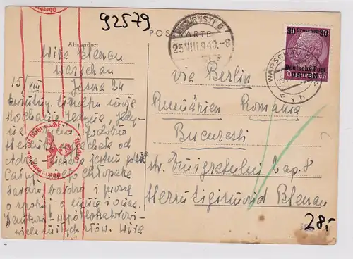 GG: Postkarte von Warschau nach Rumänien - Zensur