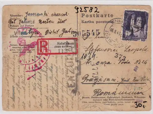 GG: Einschreiben Postkarte von Sniatyn nach Rumänien, Zensur, Bug