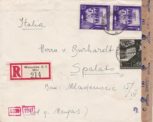 GG: lettre recommandée de Varsovie à l'Italie, censure, tarif intérieur