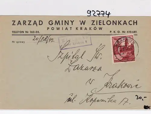 GG: Brief Postagentur Zielonki nach Krakau, V-Stempel rückseitig