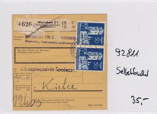GG: Paketkarte Selbstbucher im Vordruck, selten von Warschau nach Kielce, MeF