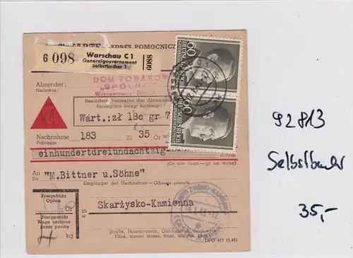 GG: Paketkarte Selbstbucher im Vordruck, selten von Warschau nach Skarzysko