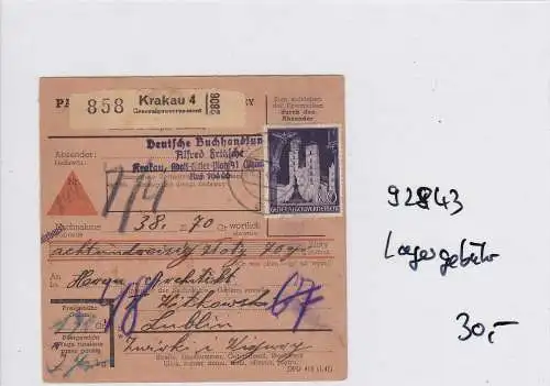 GG: Paketkarte, Krakau 4, Nachnahme an Buchhandlung Lublin, Lagergebühr